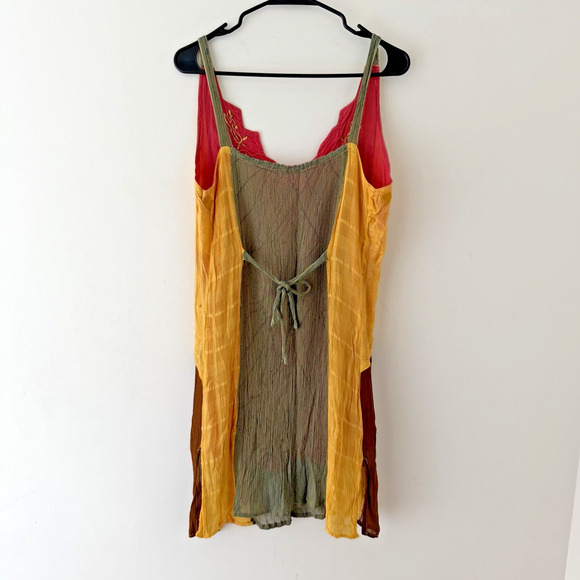 Boho Patchwork Silk Slip Dress Yellow Green Orange Floral Embroidery Festival M - Picture 2 of 7